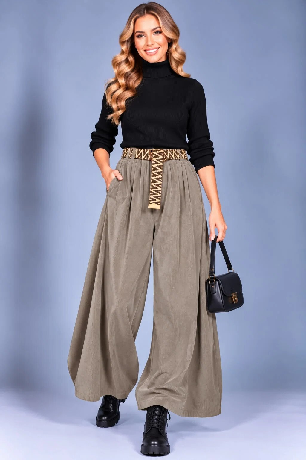 Rosa 99 Pantaloni palazzo din catifea reiata de bumbac cu pliuri ample si curea inclusabej inchis
