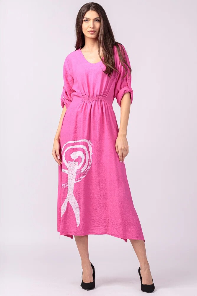 Rosa 99 Rochie din vascoza fucsia cu elastic sub bust si imprimeu