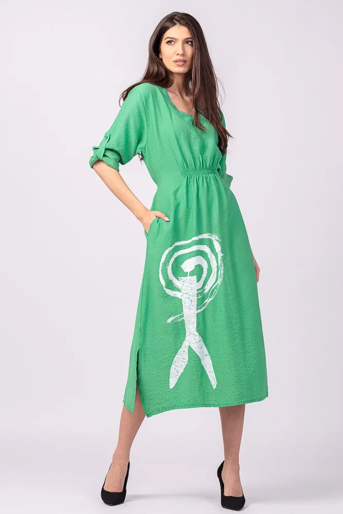 Rosa 99 Rochie din vascoza verde cu elastic sub bust si imprimeu