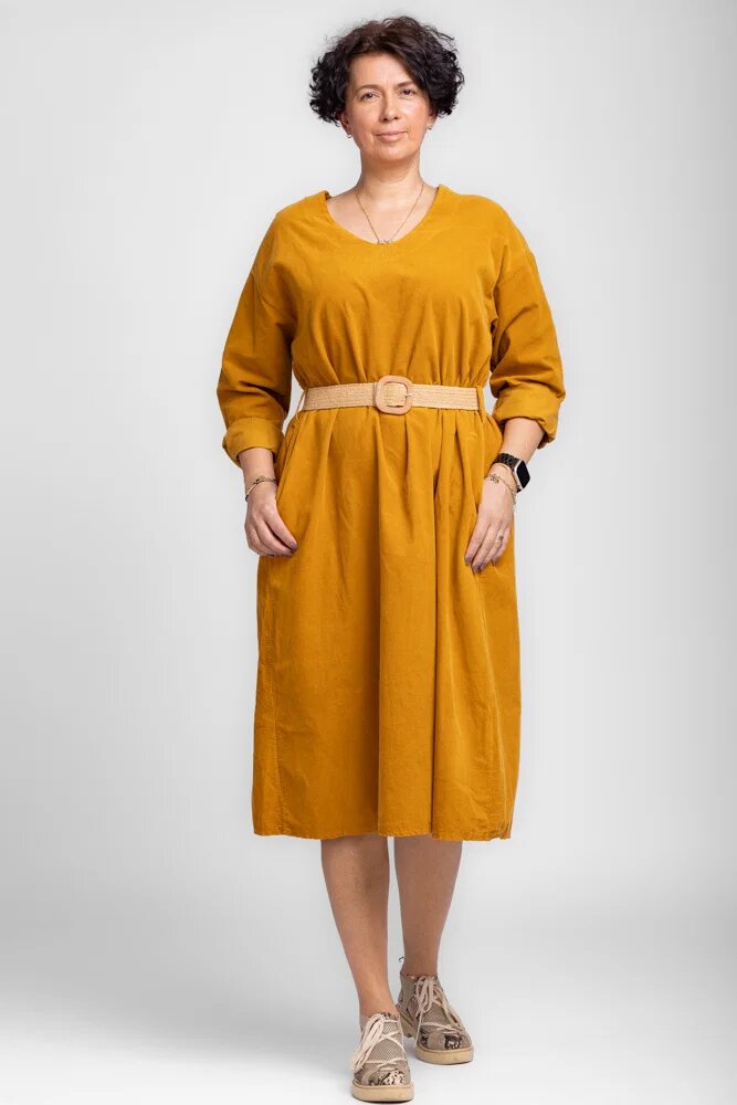 Rosa 99 Rochie midi A-line din catifea reiata cu curea mustar