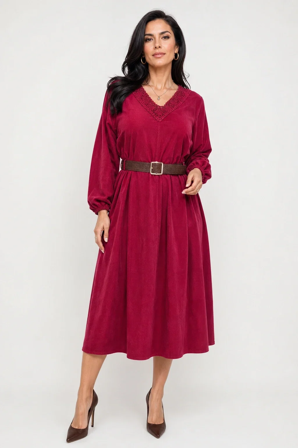 Rosa 99 Rochie midi din catifea reiata de bumbac cu dantela si curea bordo
