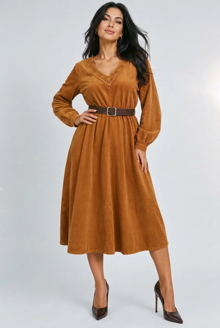 Rosa 99 Rochie midi din catifea reiata de bumbac cu dantela si curea camel