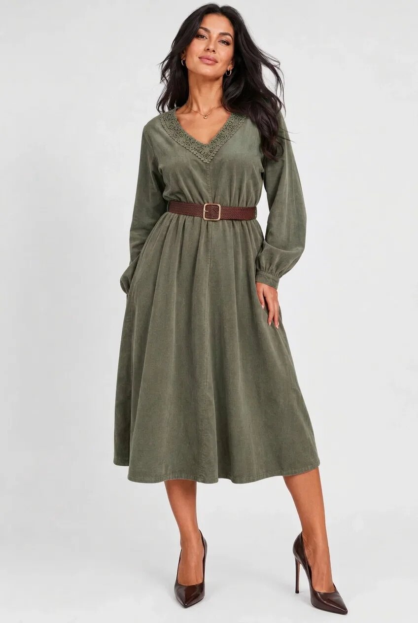Rosa 99 Rochie midi din catifea reiata de bumbac cu dantela si curea kaki