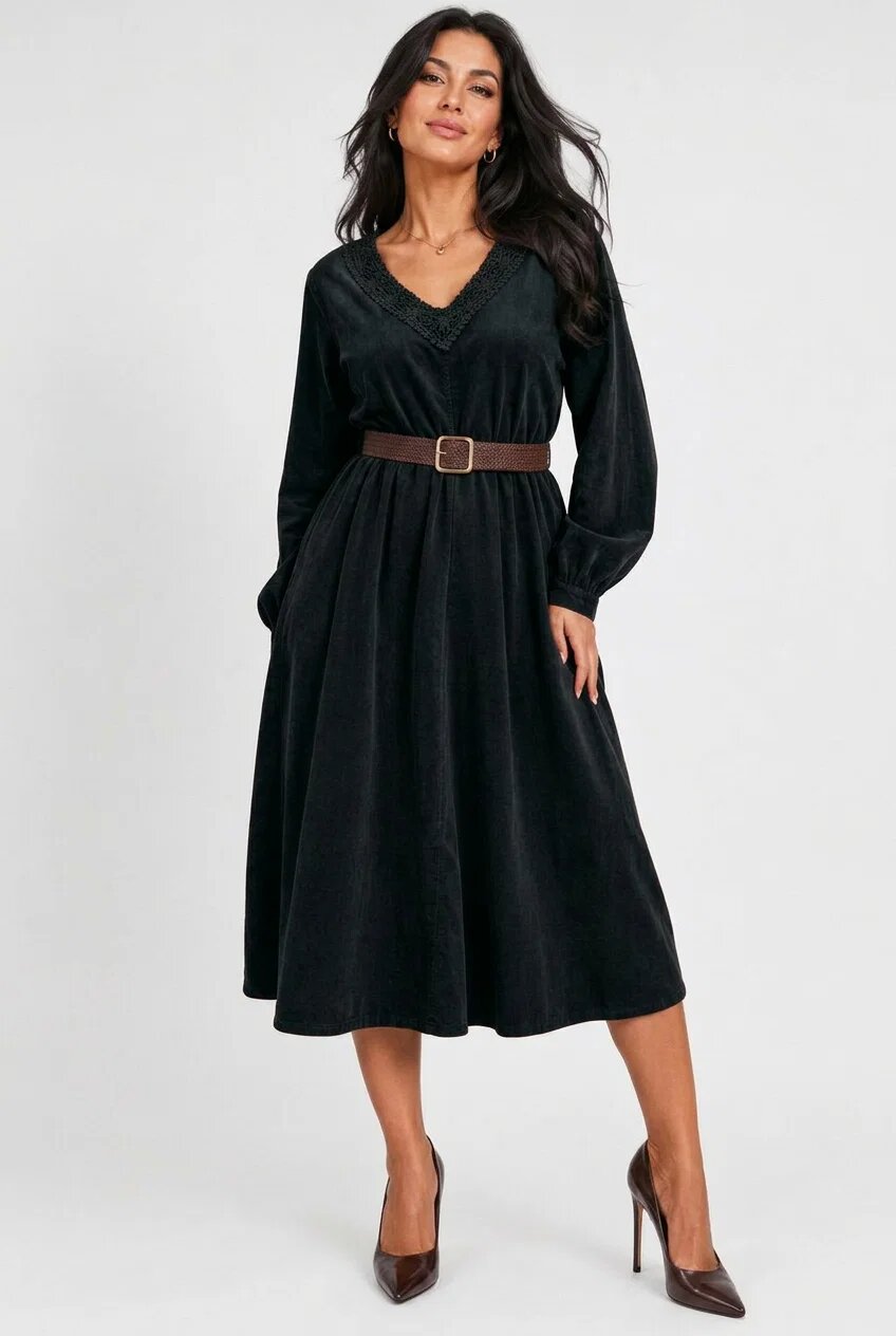Rosa 99 Rochie midi din catifea reiata de bumbac cu dantela si curea neagra