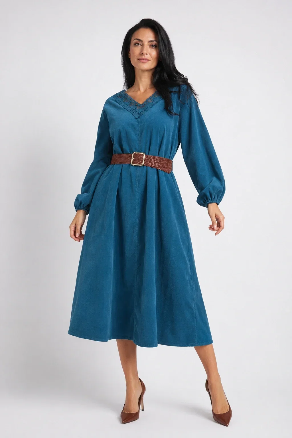 Rosa 99 Rochie midi din catifea reiata de bumbac cu dantela si curea turcoaz