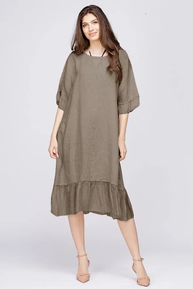Rosa 99 Rochie midi din in bej fango cu volane din matase si funda pe spate