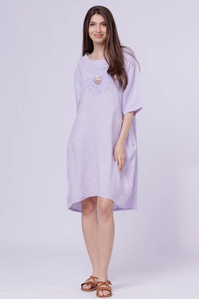 Rosa 99 Rochie midi din in cu floare din paiete pe piept lila