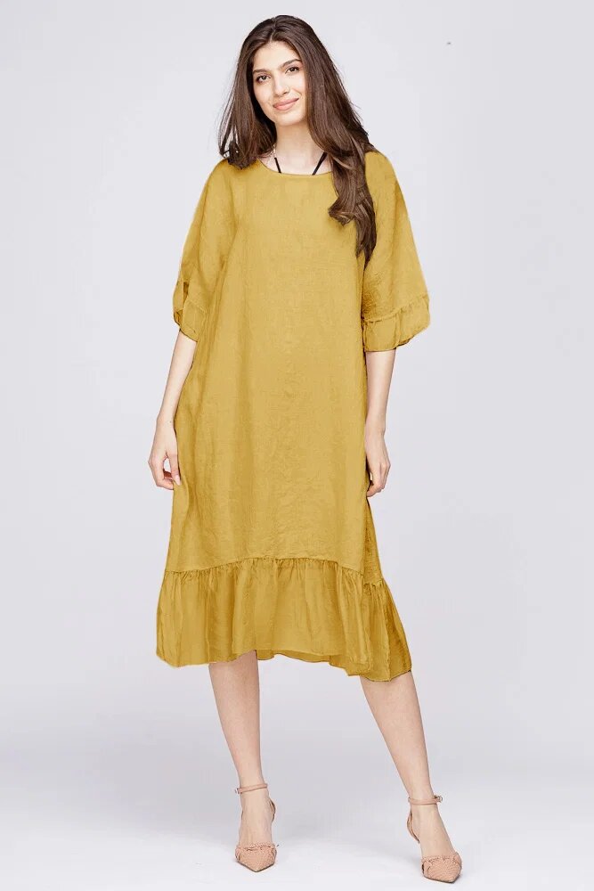 Rosa 99 Rochie midi din in galbena cu volane din matase si funda pe spate