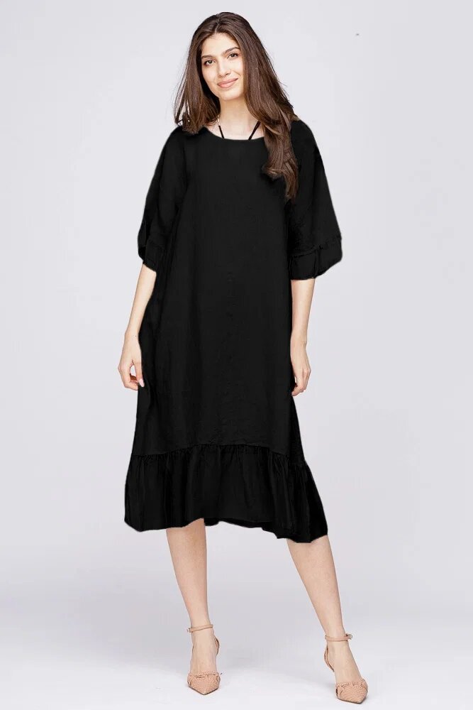 Rosa 99 Rochie midi din in neagra cu volane din matase si funda pe spate