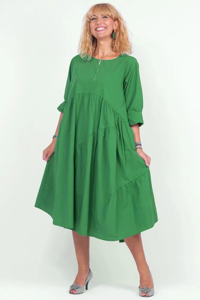 Rosa 99 Rochie verde oversize cu maneca scurta cu trei volane asimetrice din poplin satinat