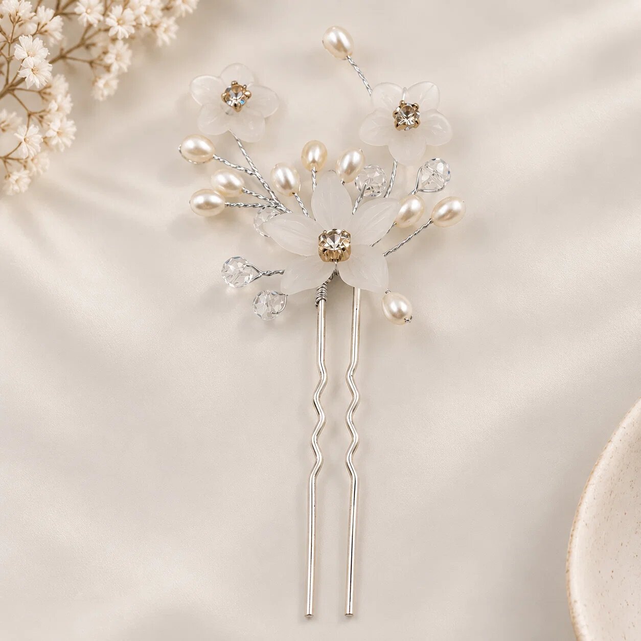 Shopika Ac de par pentru mireasa cu perle cristale si flori delicate model ramificat argintiu