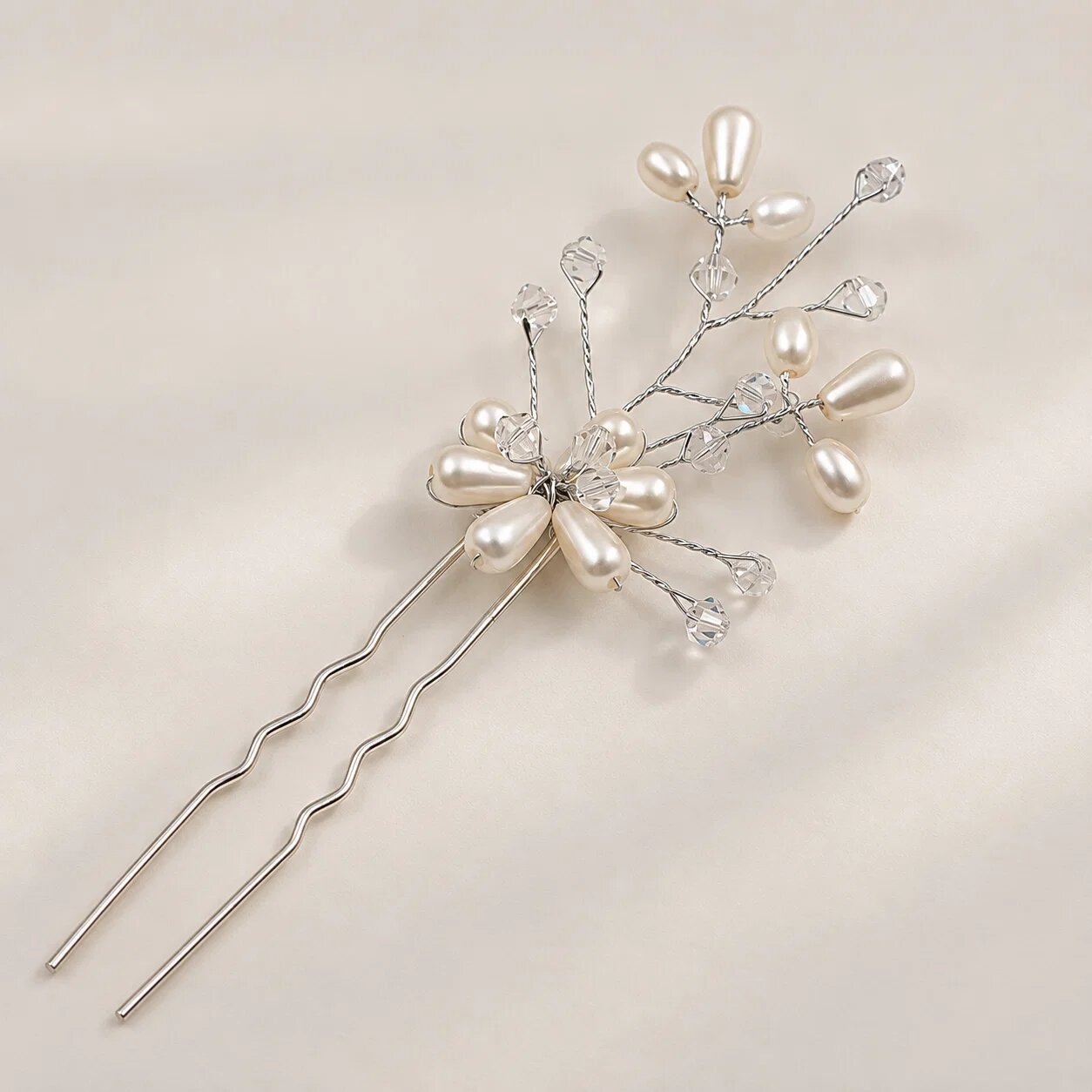 Shopika Ac de par pentru mireasa cu perle si cristale model floral argintiu