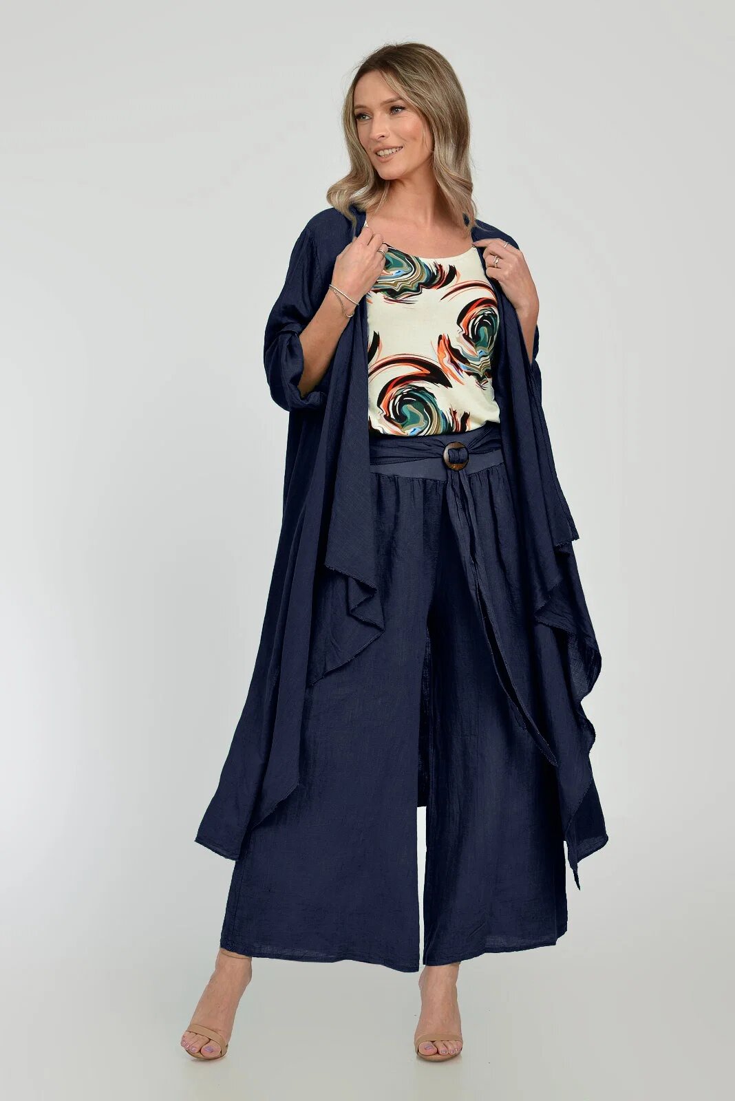 Shopika Blazer lung din in fluid cu revere bleumarin