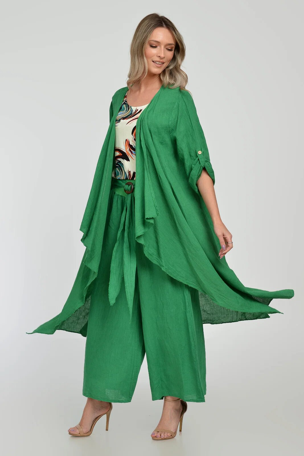 Shopika Blazer lung din in fluid cu revere verde