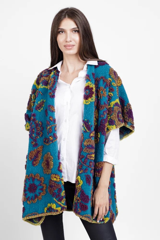 Shopika Blazer poncho cu detali colorate turcoaz cu lana naturala