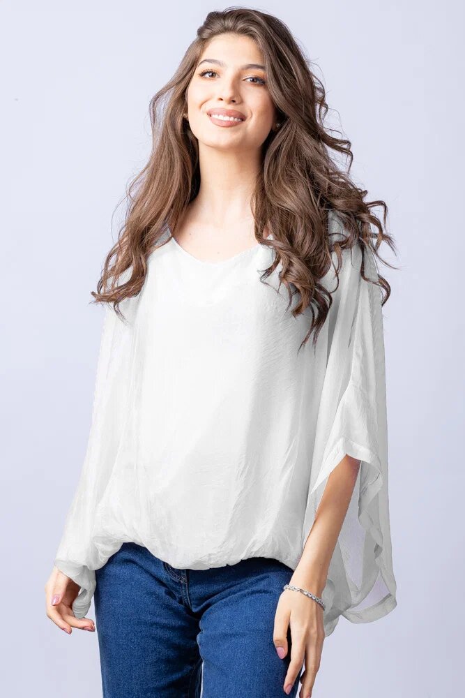 Shopika Bluza alba din matase si vascoza cu maneca fluture
