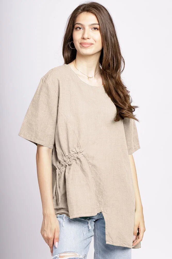 Shopika Bluza bej din in asimetrica cu siret lateral