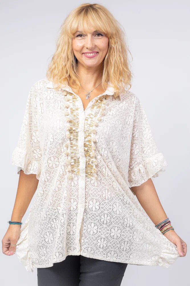 Shopika Bluza bej eleganta din dantela cu aplicatie aurie