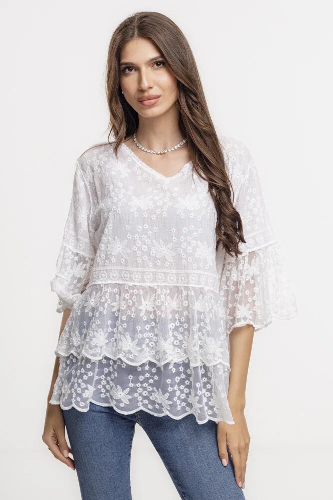 Shopika Bluza brodata cu volane din dantela de bumbac alba