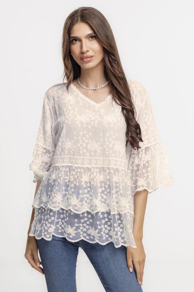 Shopika Bluza brodata cu volane din dantela de bumbac bej