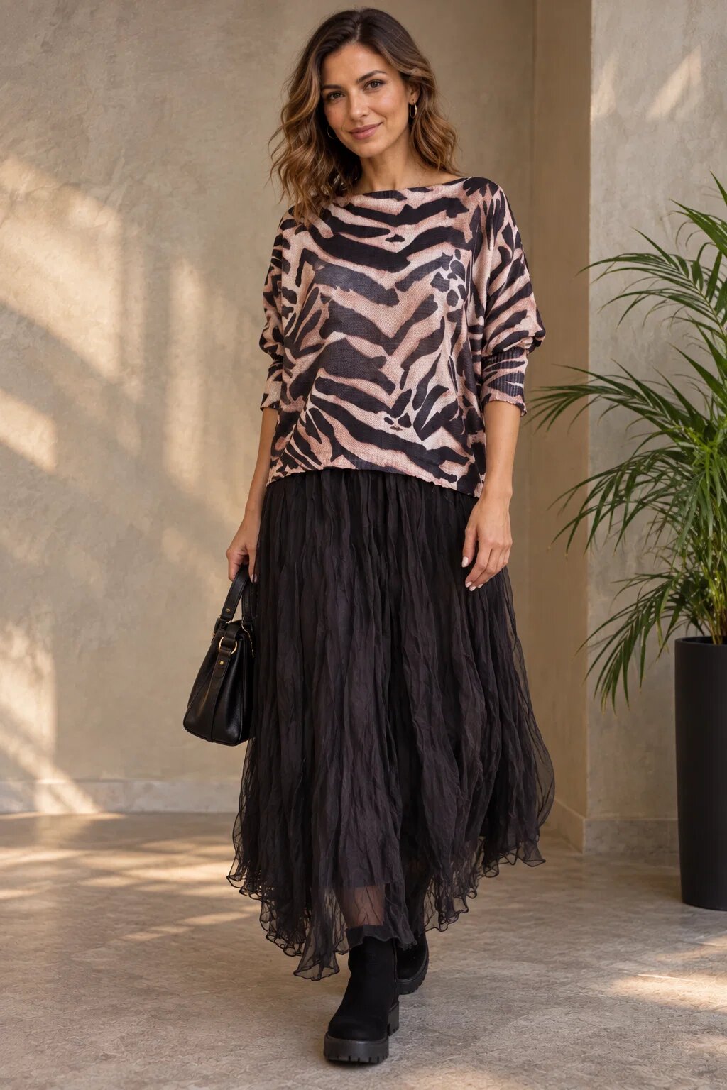 Shopika Bluza cu maneca fluture si imprimeu animal print zebra alb negru