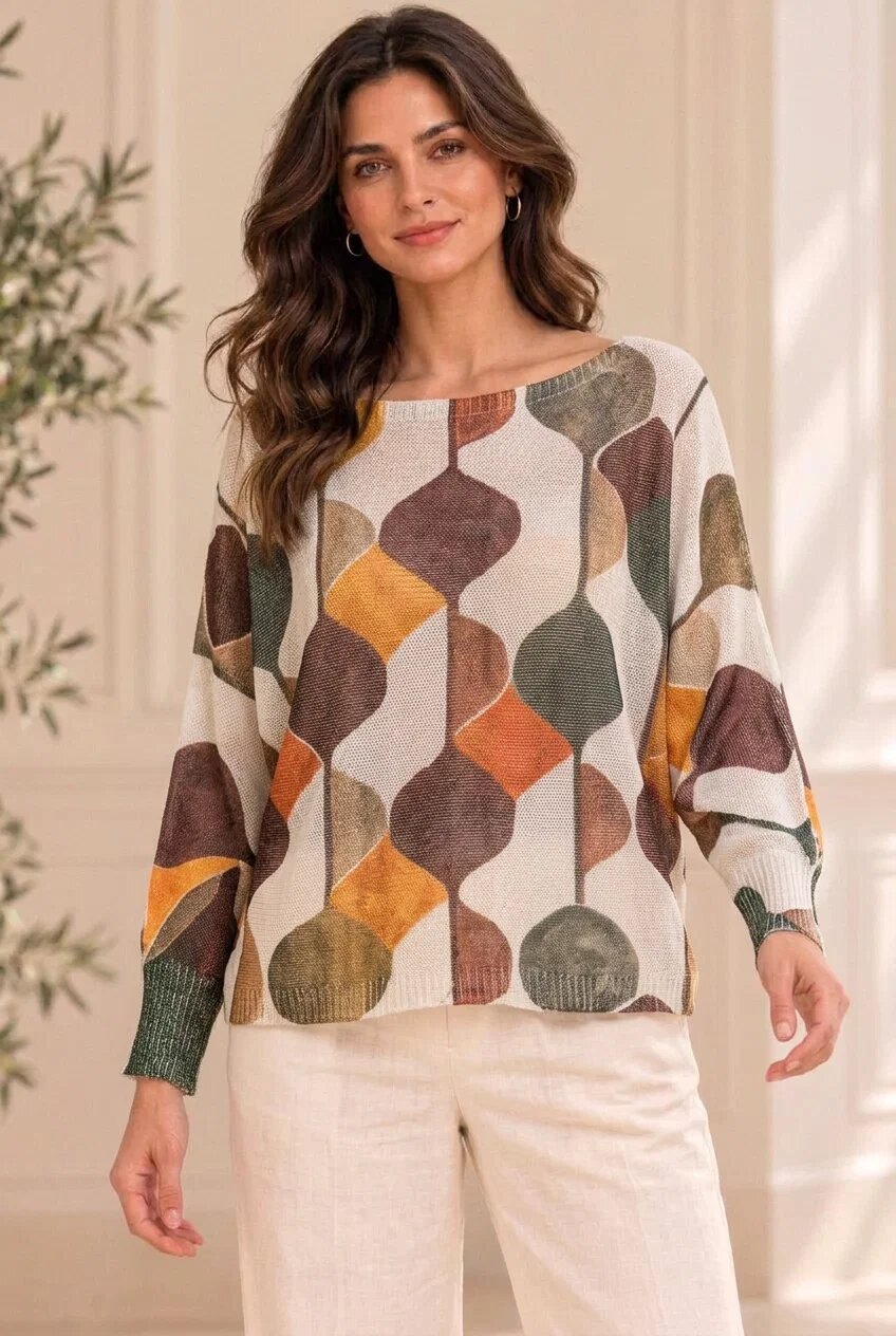 Shopika Bluza cu maneca fluture si imprimeu geometric abstract bej