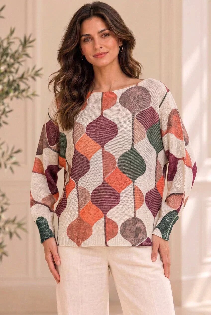Shopika Bluza cu maneca fluture si imprimeu geometric abstract bordo bej portocaliu