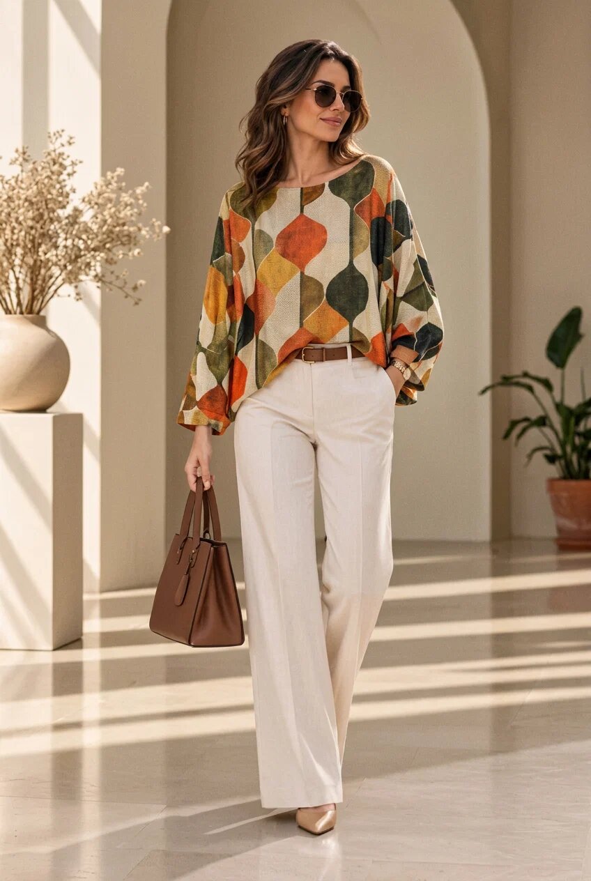 Shopika Bluza cu maneca fluture si imprimeu geometric abstract galben verde