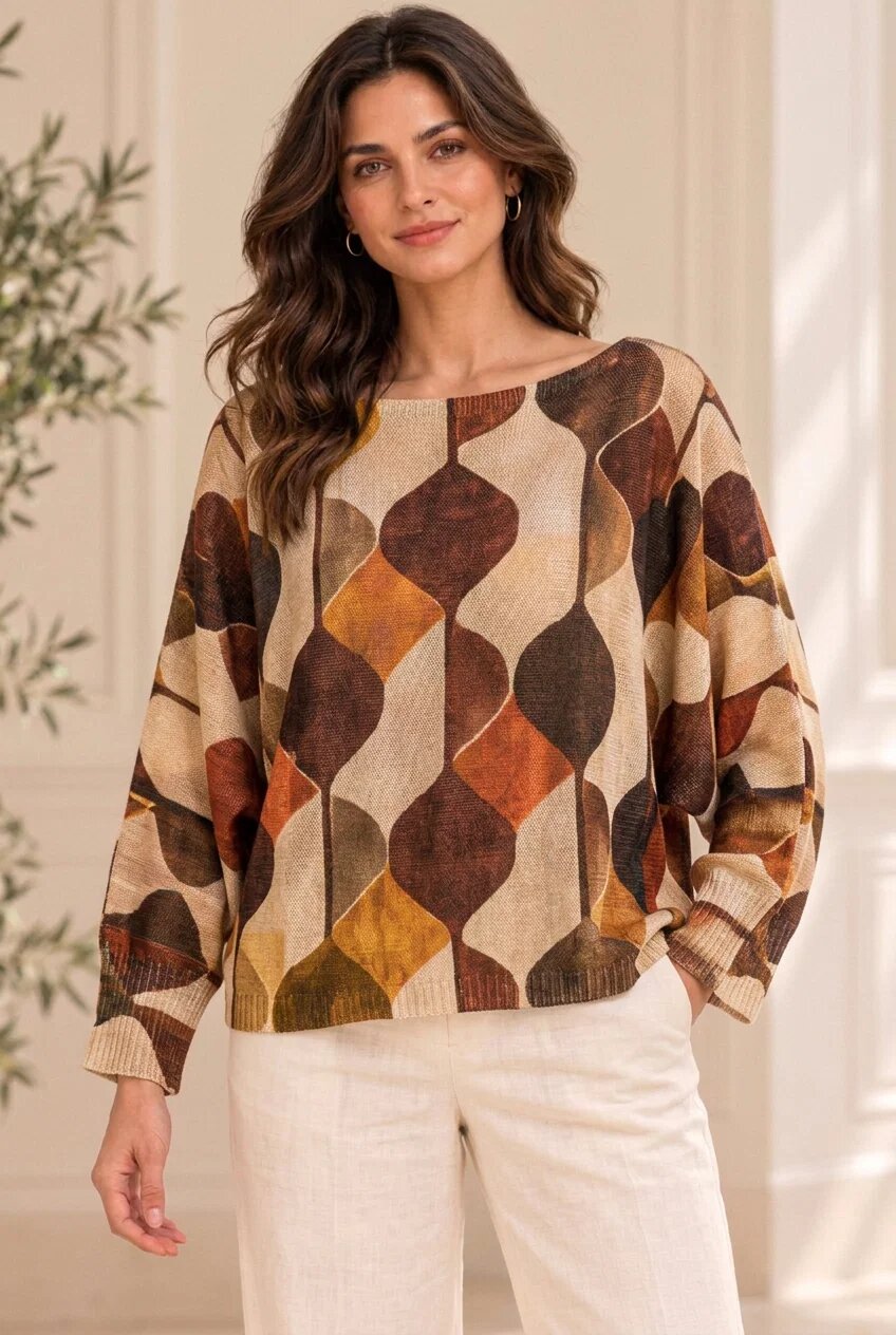 Shopika Bluza cu maneca fluture si imprimeu geometric abstract maro