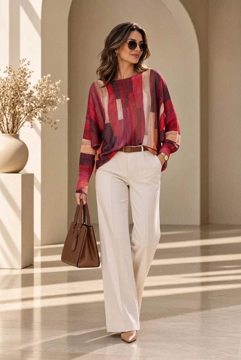 Shopika Bluza cu maneca fluture si imprimeu pictural pensulat magenta