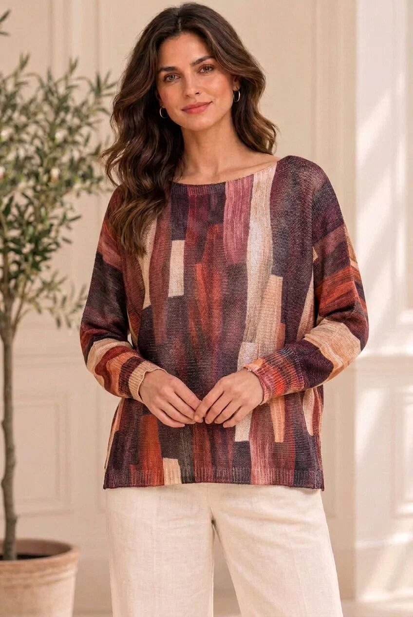 Shopika Bluza cu maneca fluture si imprimeu pictural pensulat nuante de maro