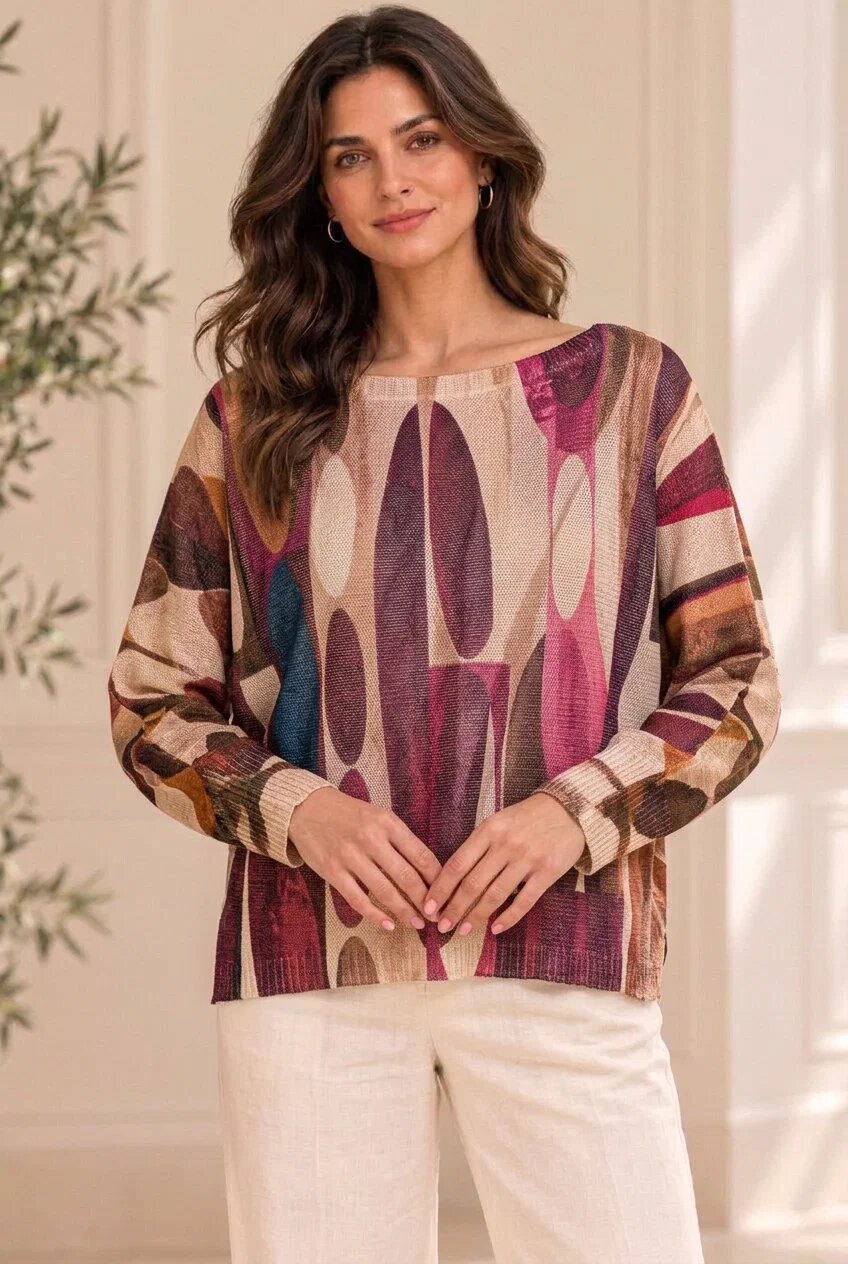 Shopika Bluza cu maneca fluture si imprimeuimprimeu artistic nuante bordo bej