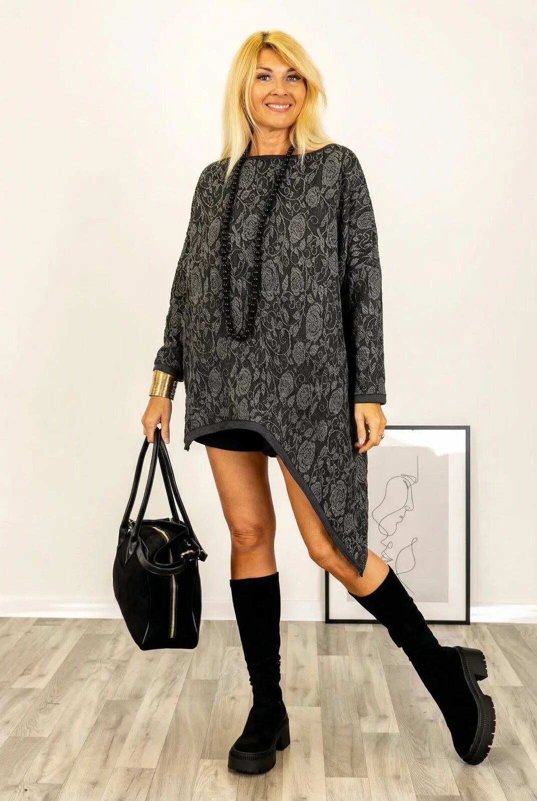 Shopika Bluza cu model floral embosat si croiala asimetrica design statement gri si negru