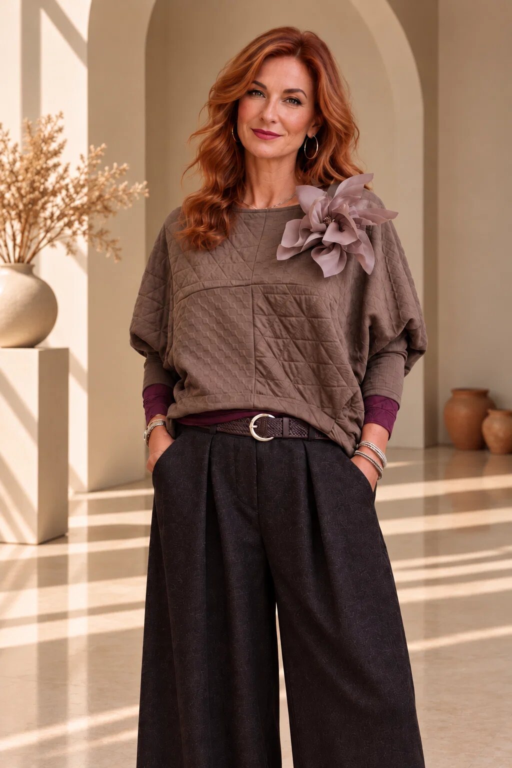 Shopika Bluza dama lejera din material gofrat de vascoza cu floare decorativa maro