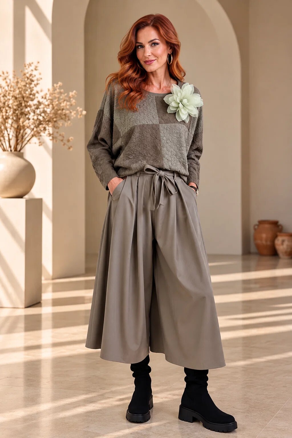 Shopika Bluza dama lejera din material gofrat de vascoza cu floare decorativa verde kaki