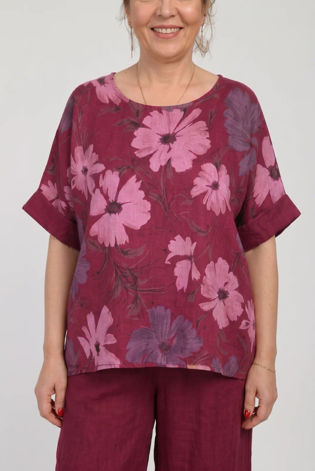 Shopika Bluza din in cu imprimeu floral pastelat si croi relaxat bordo