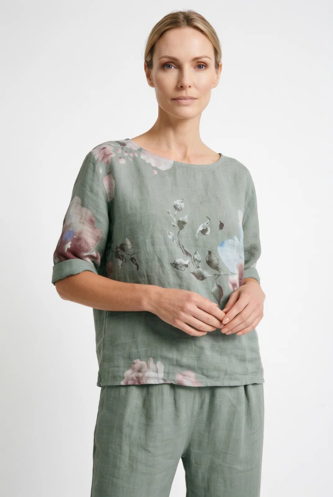 Shopika Bluza din in cu imprimeu floral si croi scurt lejer kaki