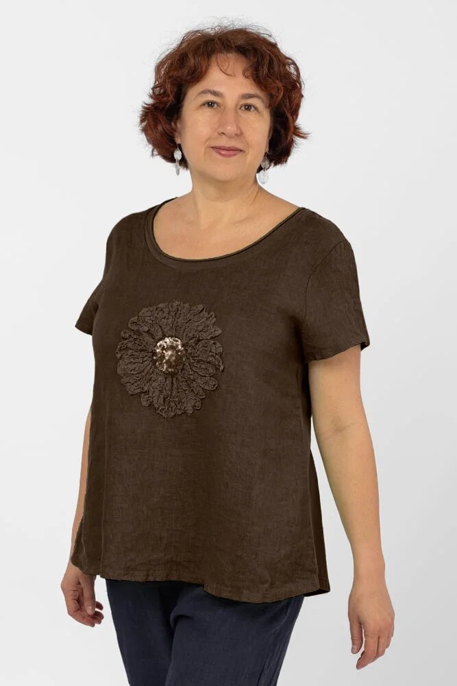 Shopika Bluza din in maron cu floare si paiete fine pe piept