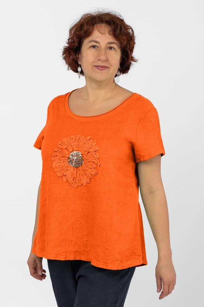 Shopika Bluza din in portocalie cu floare si paiete fine pe piept
