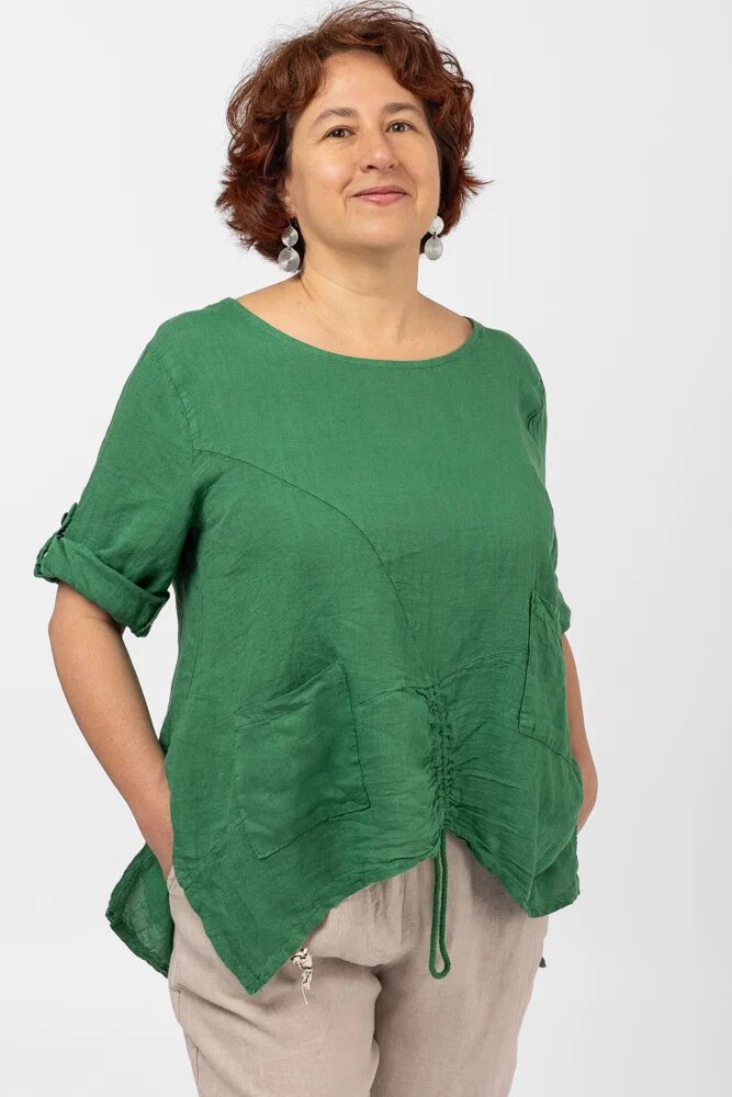 Shopika Bluza din in verde asimetrica cu siret pe fata