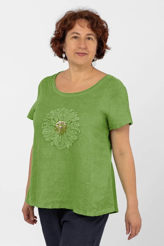 Shopika Bluza din in verde oliv cu floare si paiete fine pe piept