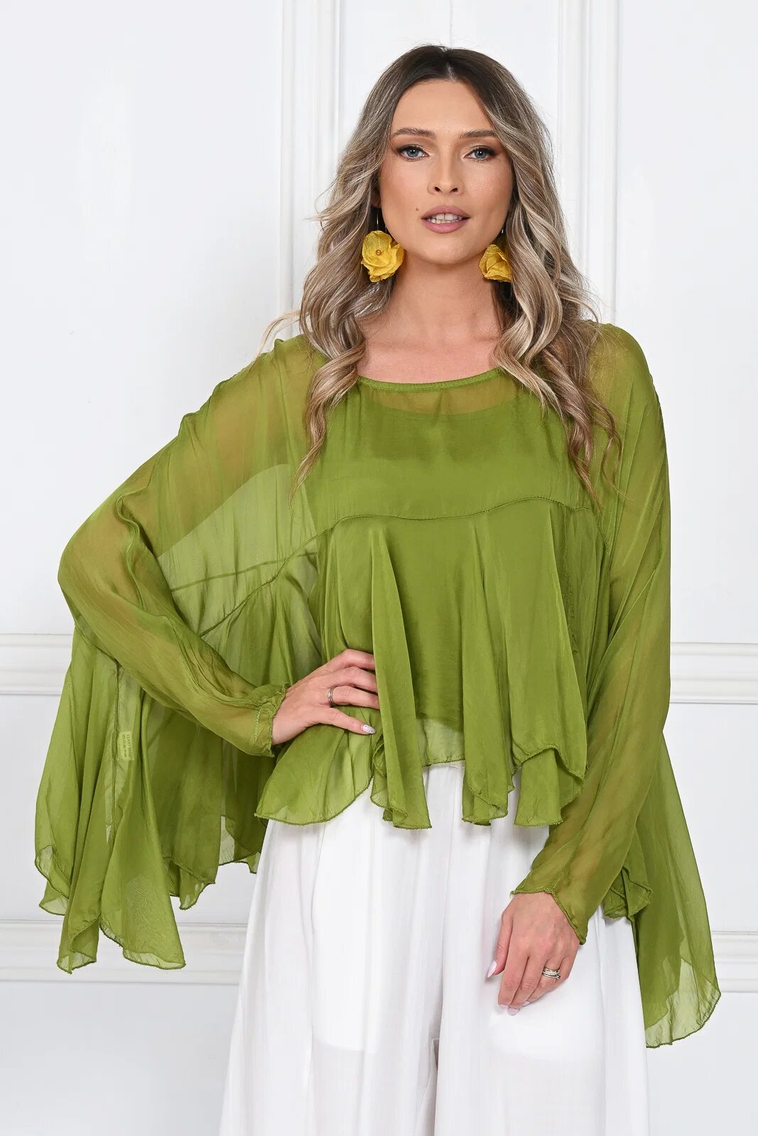 Shopika Bluza din matase naturala si vascoza cu volane tip cascada croi lejer verde olive