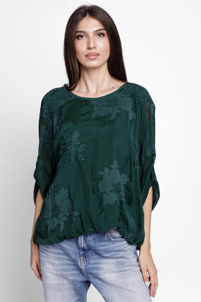 Shopika Bluza din matase si vascoza brodata cu dantela pe spate verde inchis