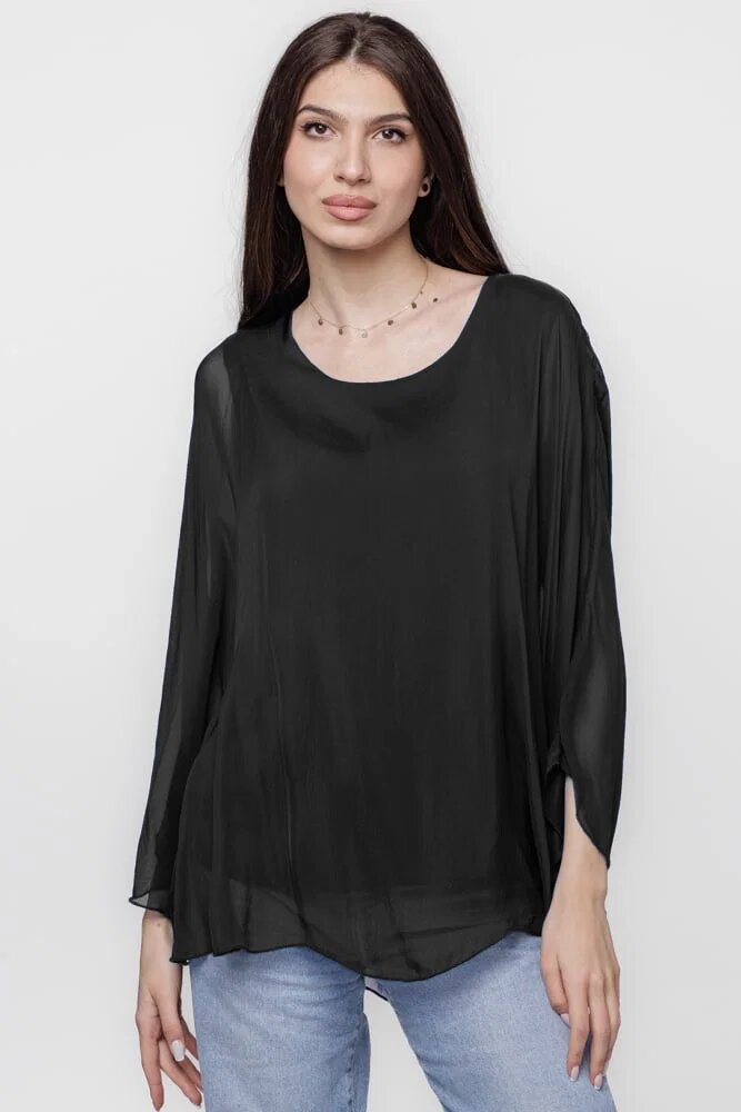 Shopika Bluza din matase si vascoza cu maneca clopot neagra