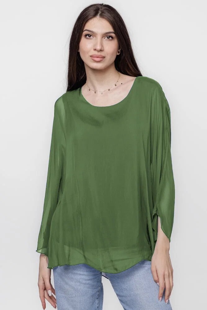 Shopika Bluza din matase si vascoza cu maneca clopot verde oliv