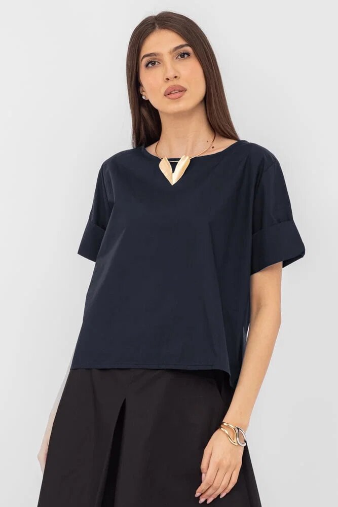 Shopika Bluza din poplin satinat de bumbac cu nasturi pe spate bleumarin