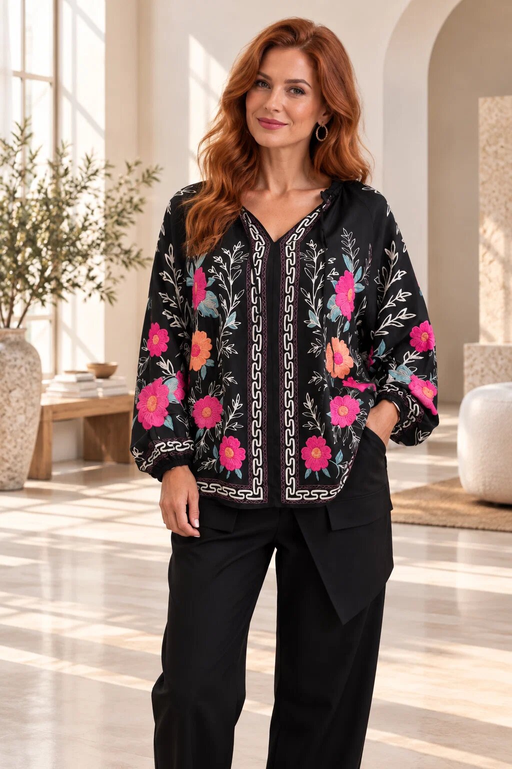 Shopika Bluza eleganta din matase si vascoza cu imprimeu floral pe fond negru croi lejer si maneci ample