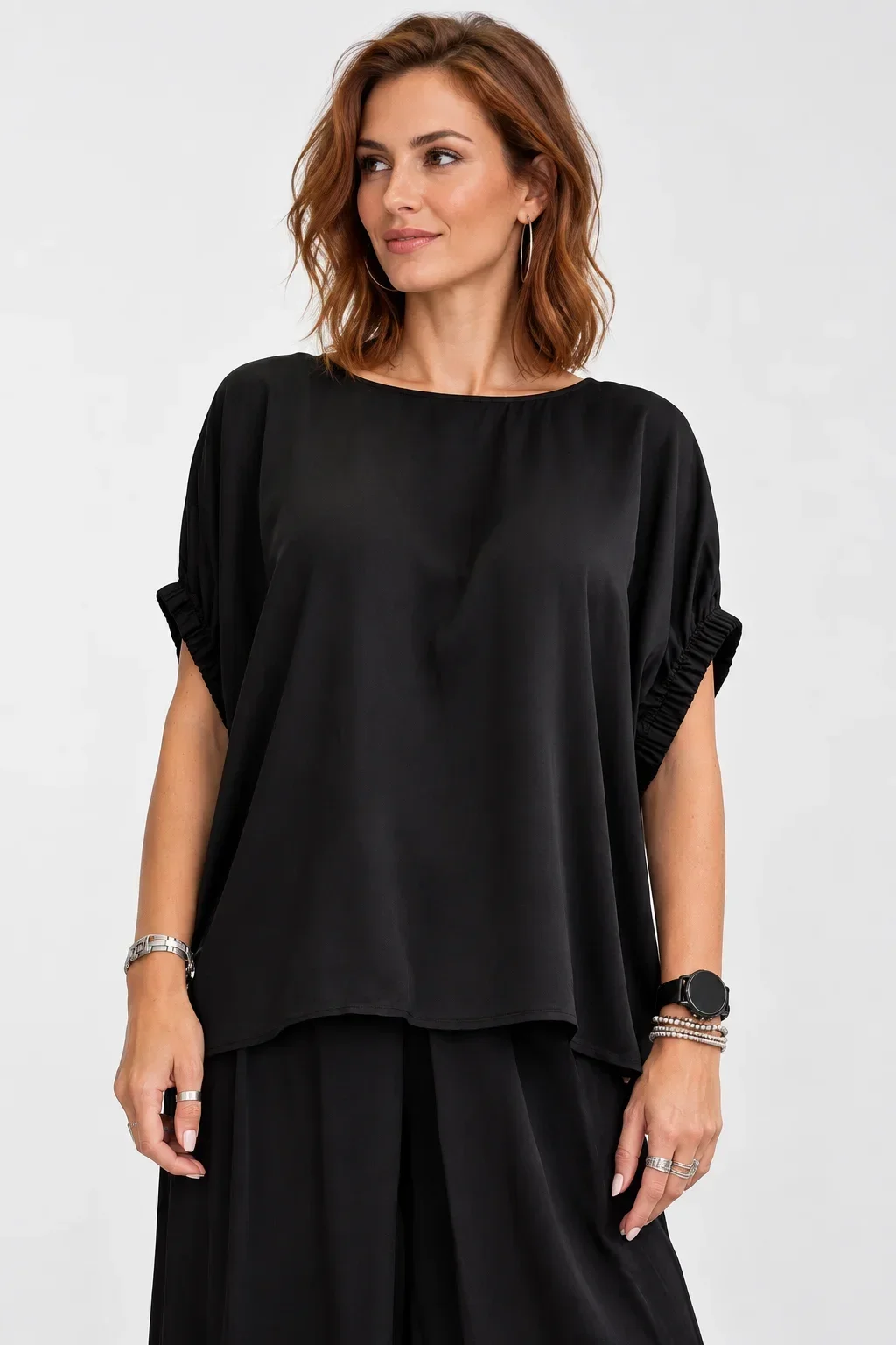 Shopika Bluza eleganta din satin de matase si vascoza cu maneci drapate negru