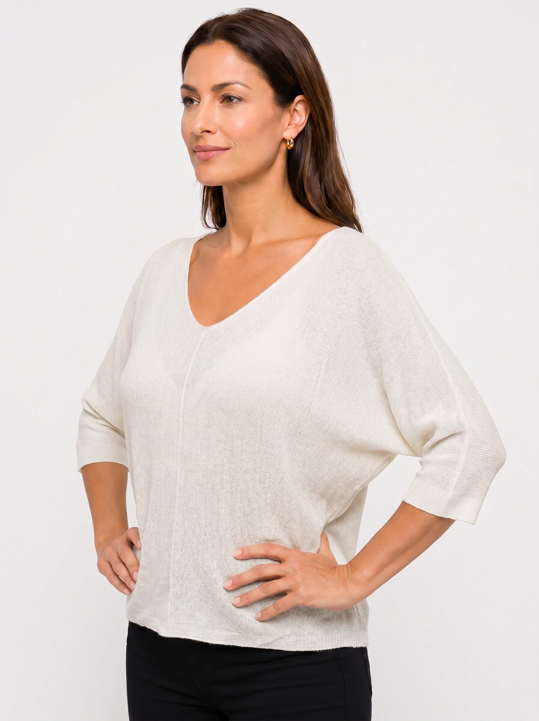 Shopika Bluza fin tricotata bob de orez cu maneca fluture 3 4 alb
