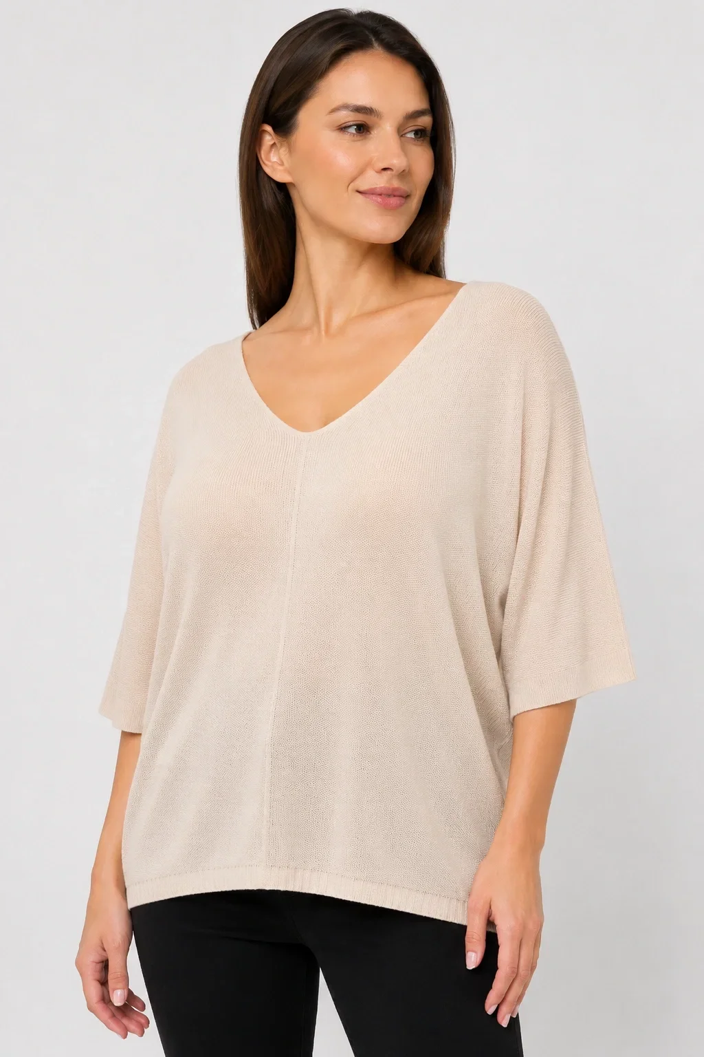 Shopika Bluza fin tricotata bob de orez cu maneca fluture 3 4 bej